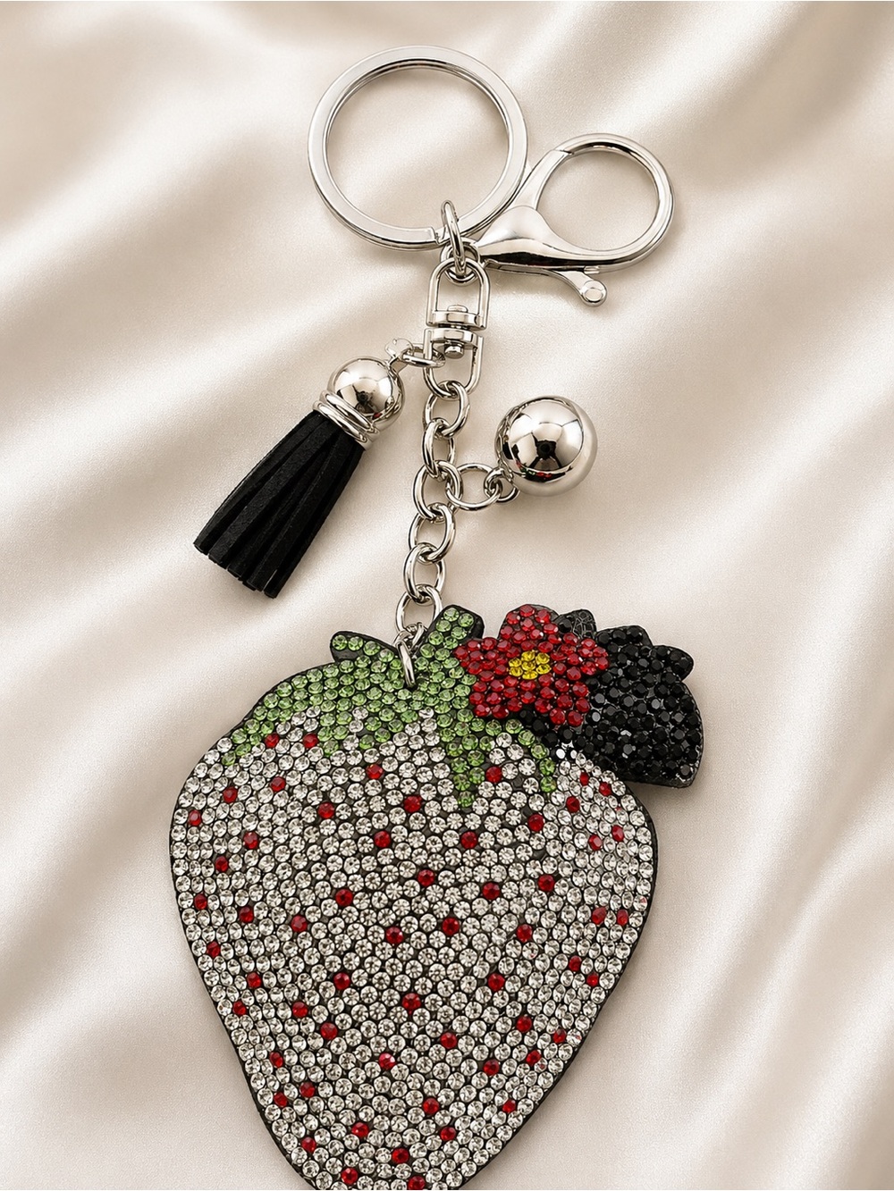 Silver Strawberry Bag Charm Keychain Crystal Purse Charm - Picture 2 of 4